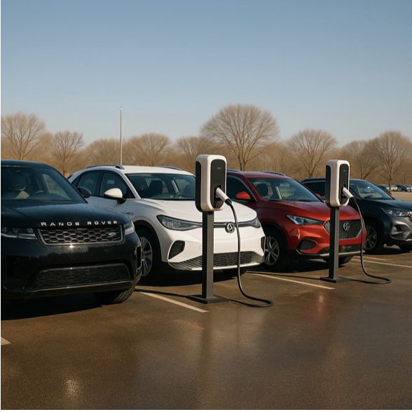 Several electric cars charging in an open public car park