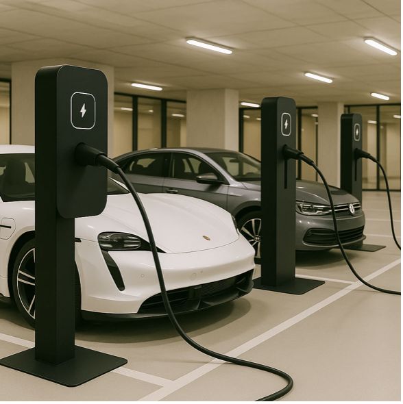 Row of EV chargers serving cars in an underground commercial car park