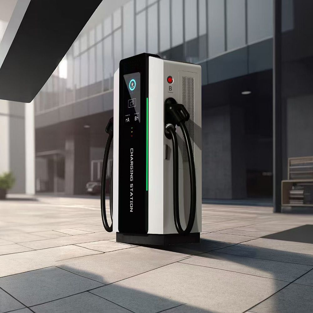 Dual-connector DC fast charging unit installed outside a commercial building