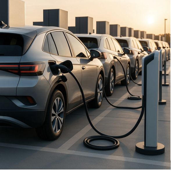 Row of electric vehicles charging side by side at sunset