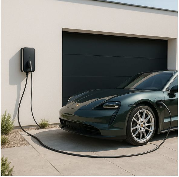 Wall-mounted home charger connected to a car on a residential driveway