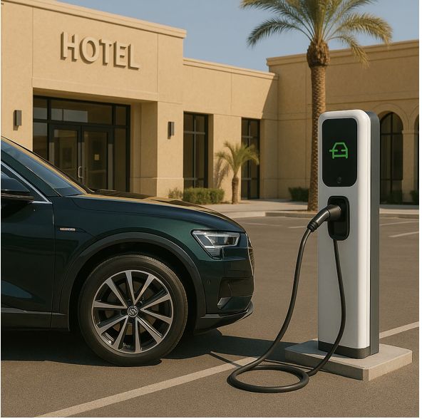 EV charger in a hotel forecourt with a car charging alongside
