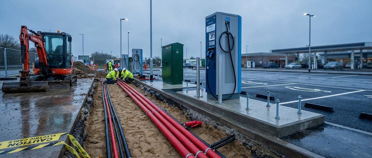 Site crew laying electrical cable in a trench during charging station construction