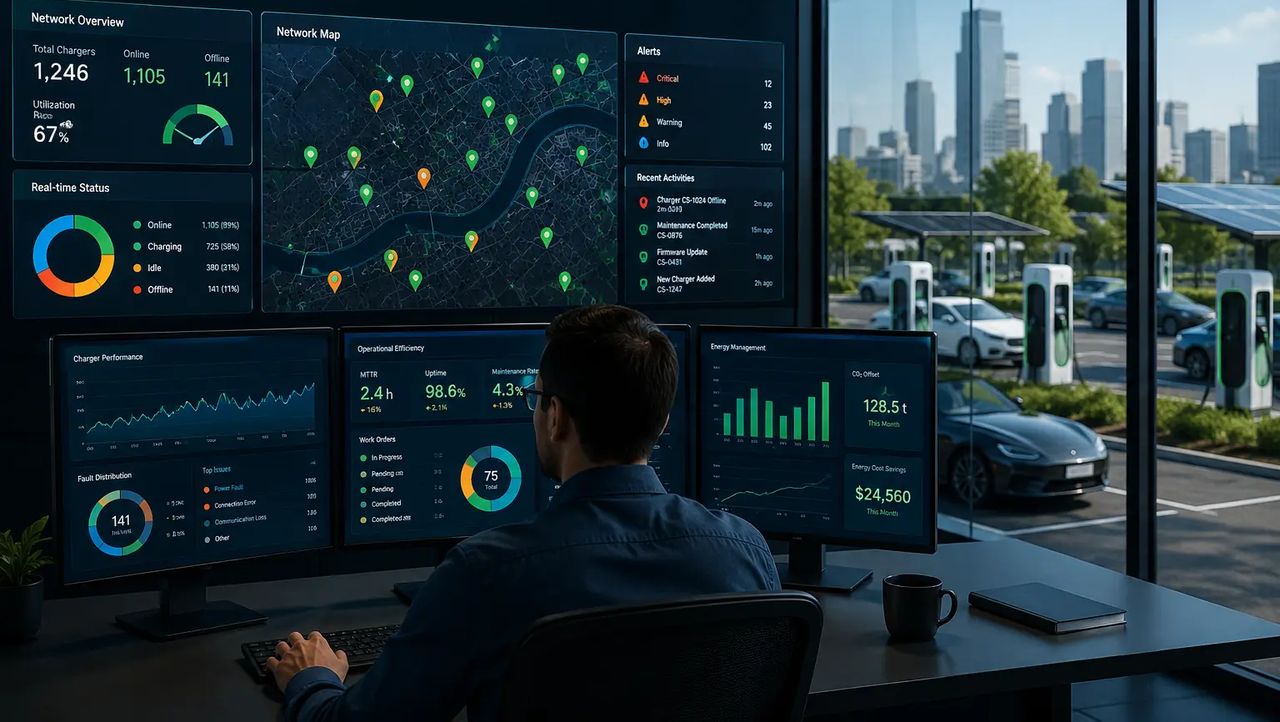 Network operations centre showing live charger status, site map and energy analytics