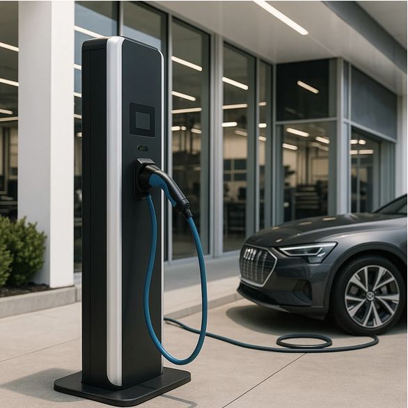 Pedestal charging unit outside a glass-fronted office building