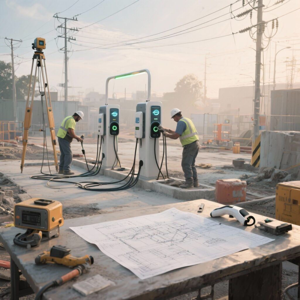 Technicians commissioning newly installed charging units on site