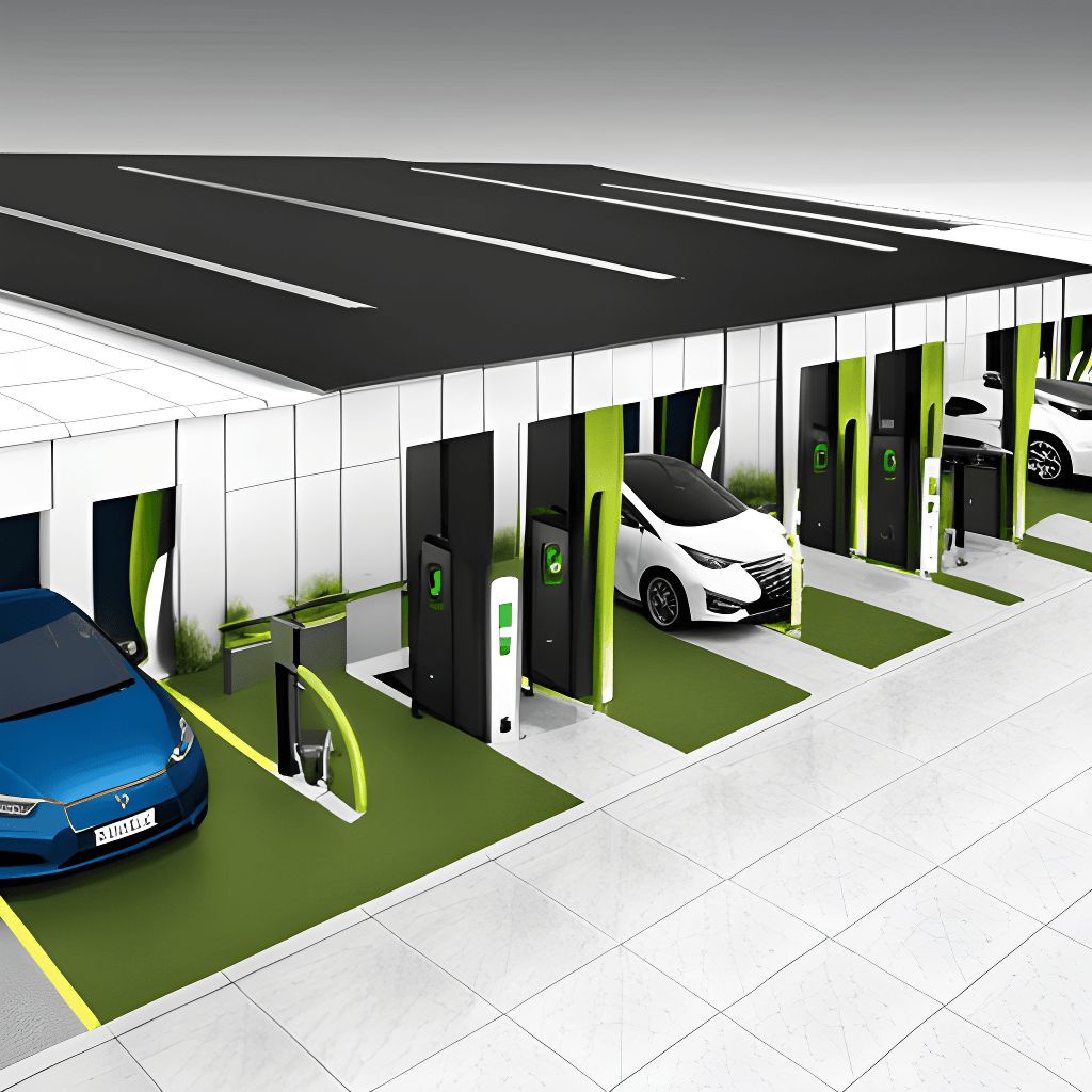 Covered EV charging station with multiple bays and landscaped surrounds