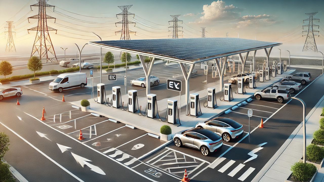 Aerial view of a multi-bay EV charging station with solar canopy and grid connection